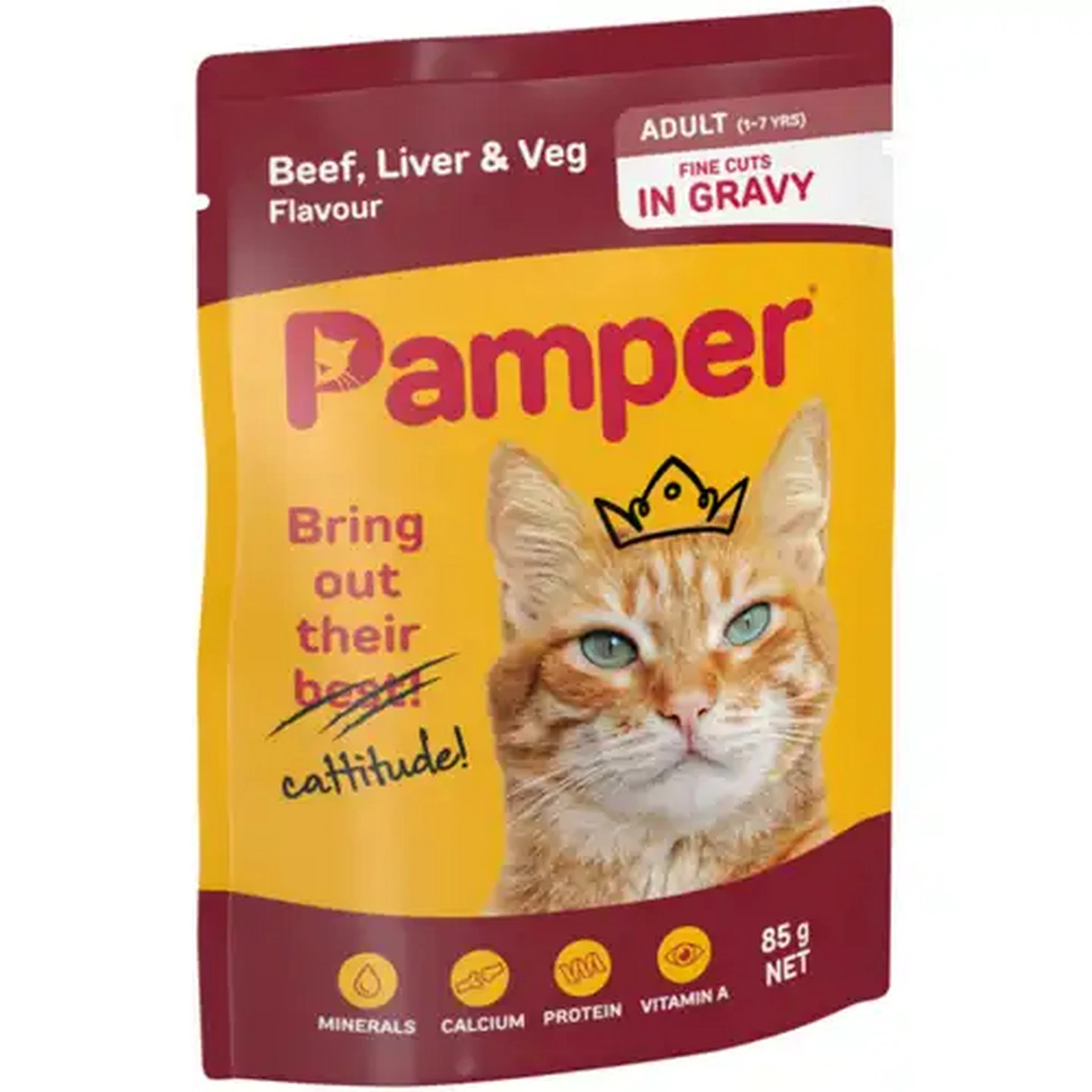 Image of Pamper Beef, Liver & Veg Flavour Adult Cat Food Fine Cuts in Gravy 85g