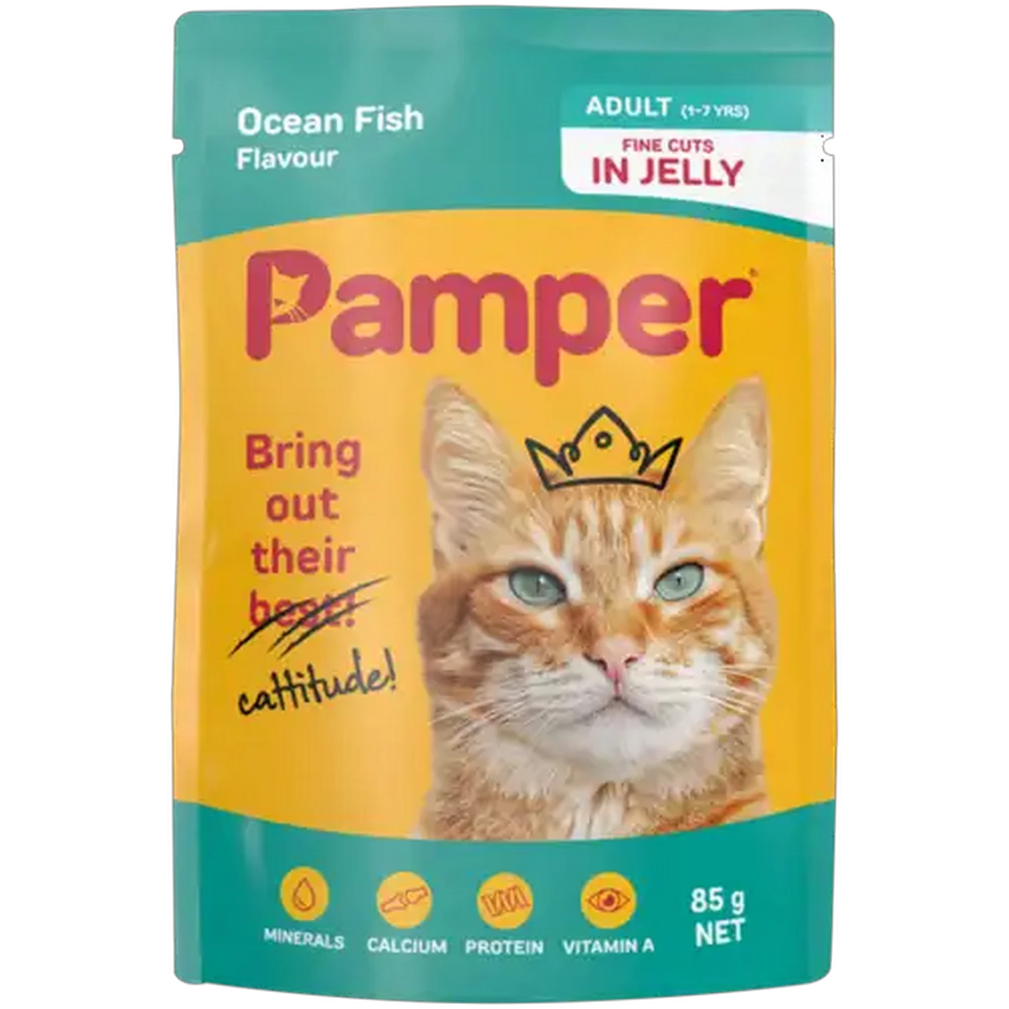 Image of Pamper Ocean Fish Flavoured Adult Cat Food In Jelly Pouch 85g