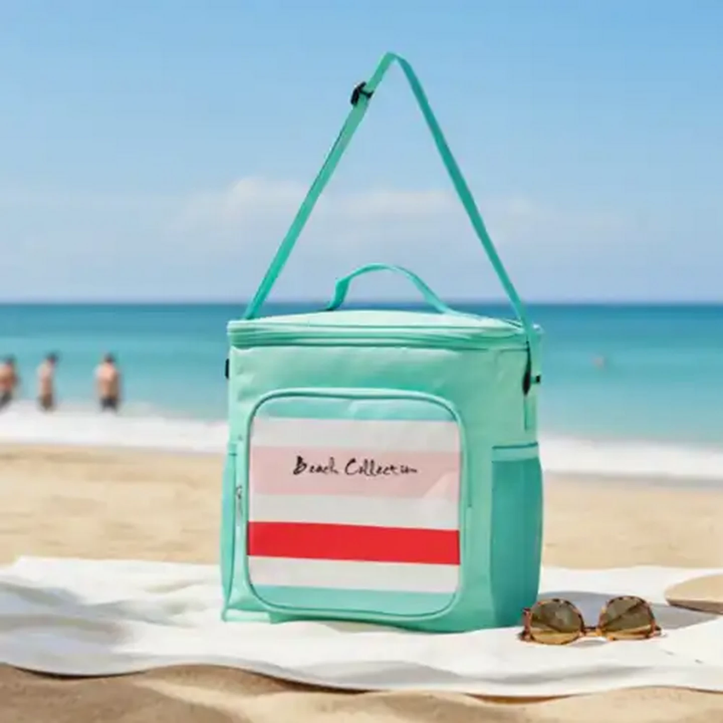 Image of White & Blue Beach Collection Striped Cooler Bag