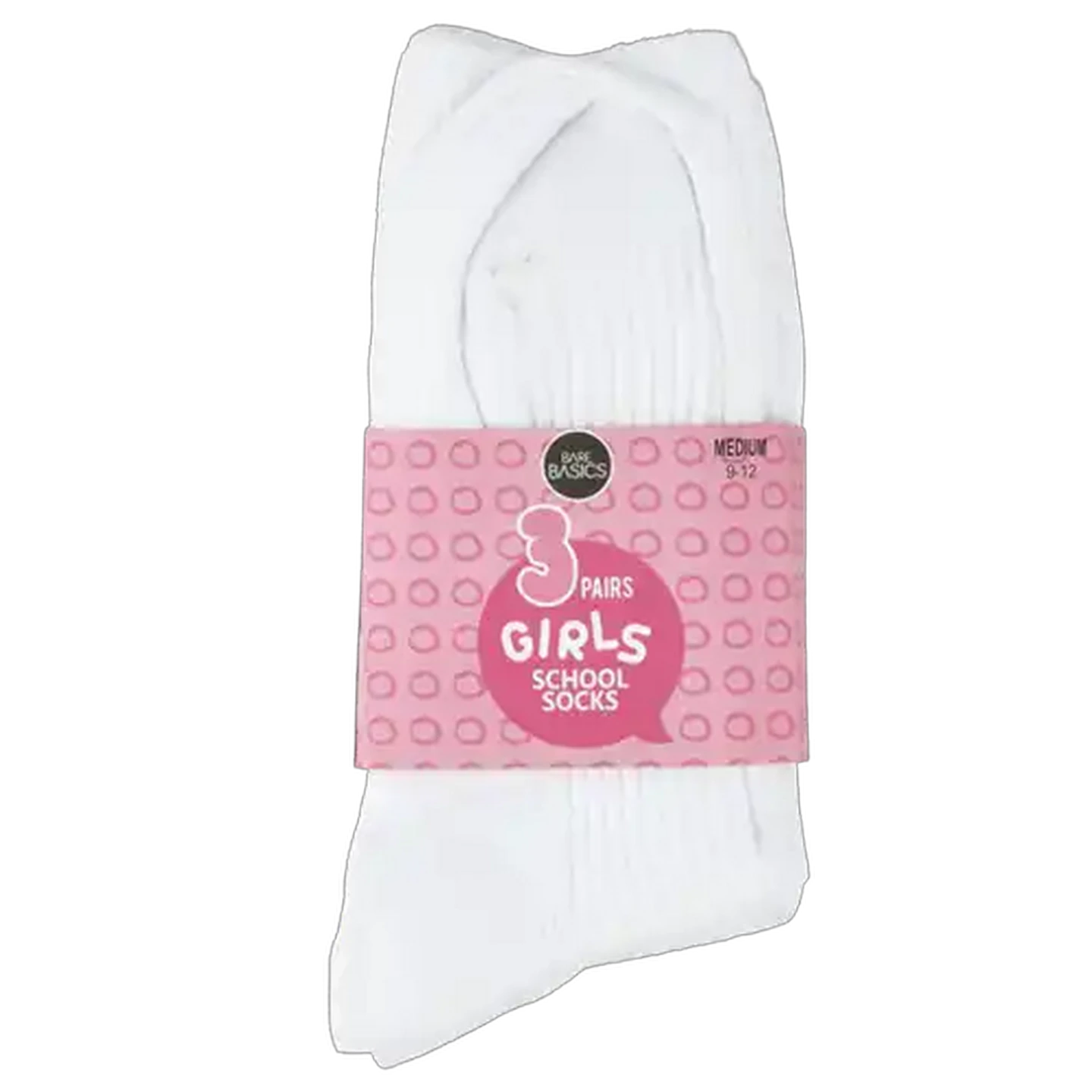 Image of Bare Basics Girls White School Socks 9-12 Years 3-Pack