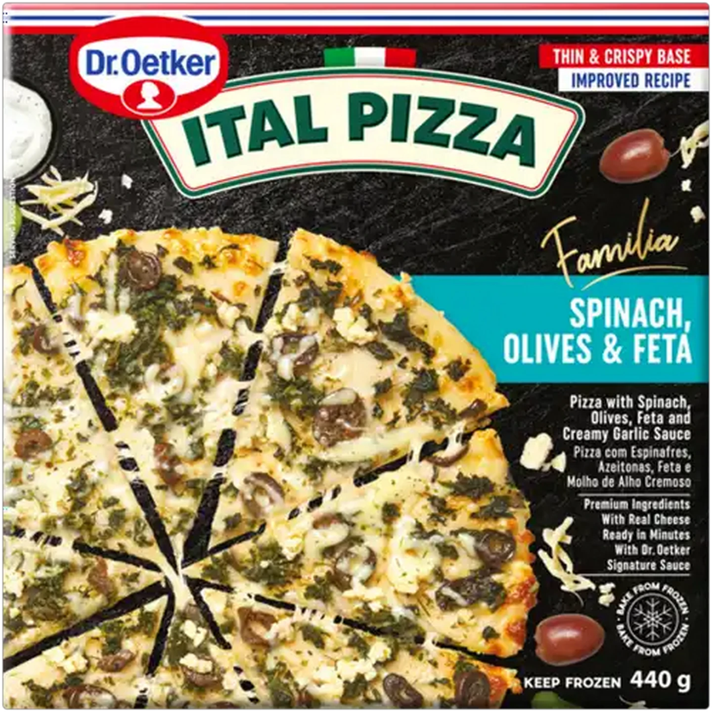 Image of Dr. Oetker Ital Pizza Familia Frozen Spinach, Olives & Feta Pizza 440g