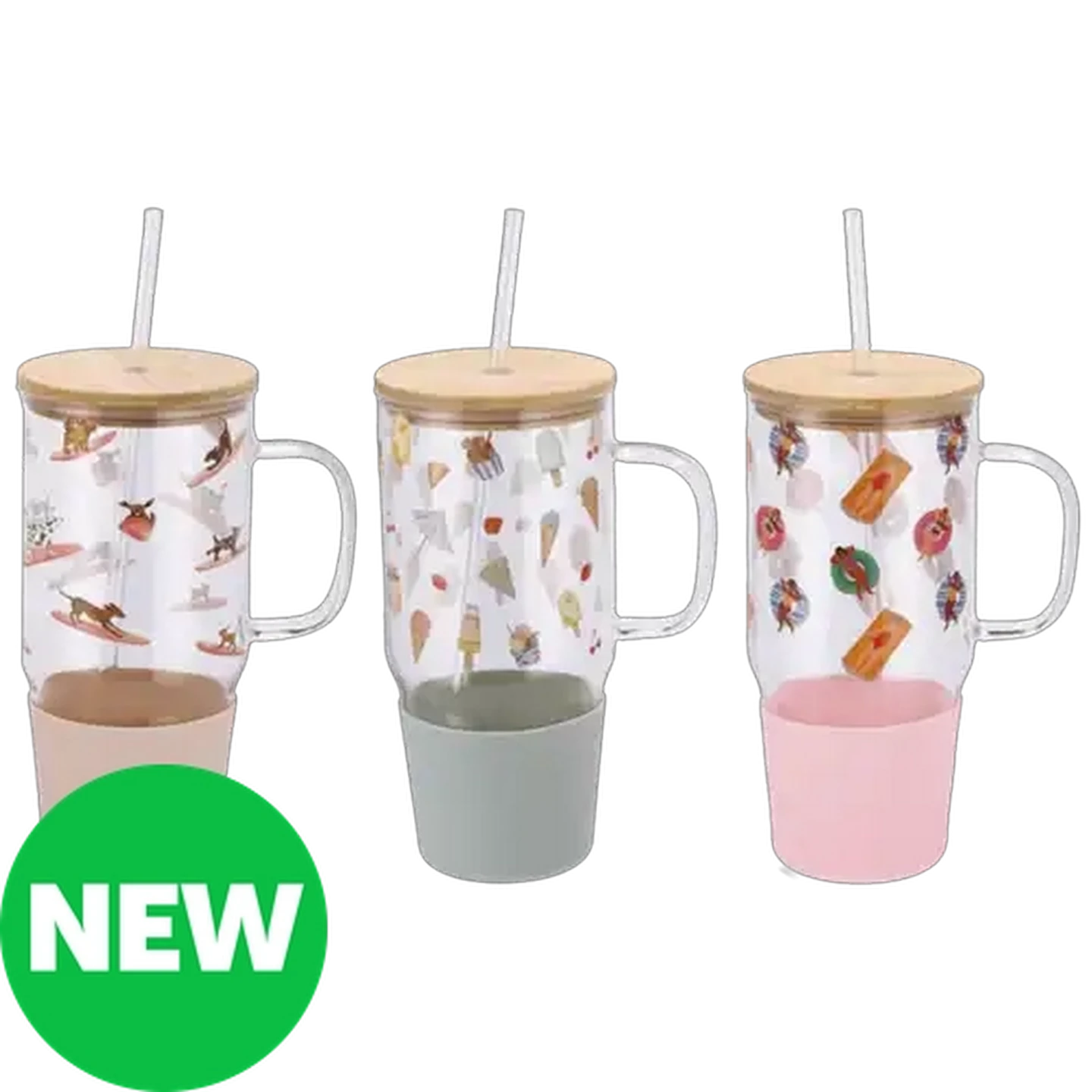 Image of Summer Glass Travel Mug with Bamboo Lid & Straw 1L (Design May Vary)