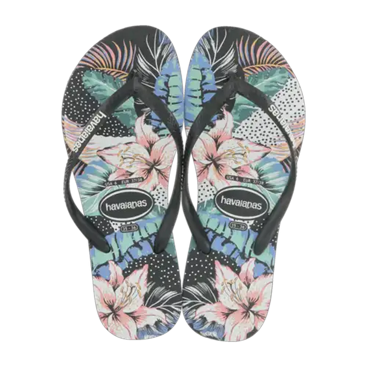 Image of Havaianas Ladies Slim Sandals Floral Print Black Size 37/38