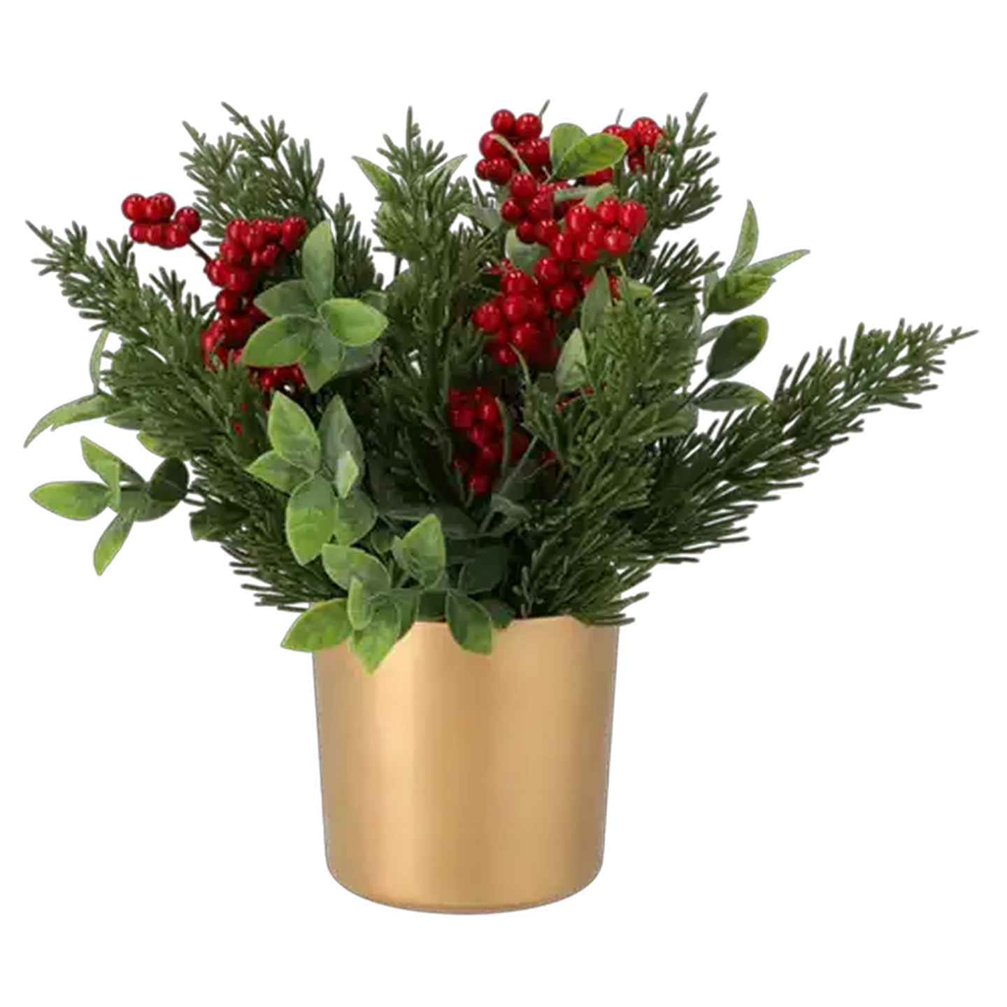 Image of Santa's Choice Gold Potted Tabletop Berry & Pine Festive Floral Arrangement