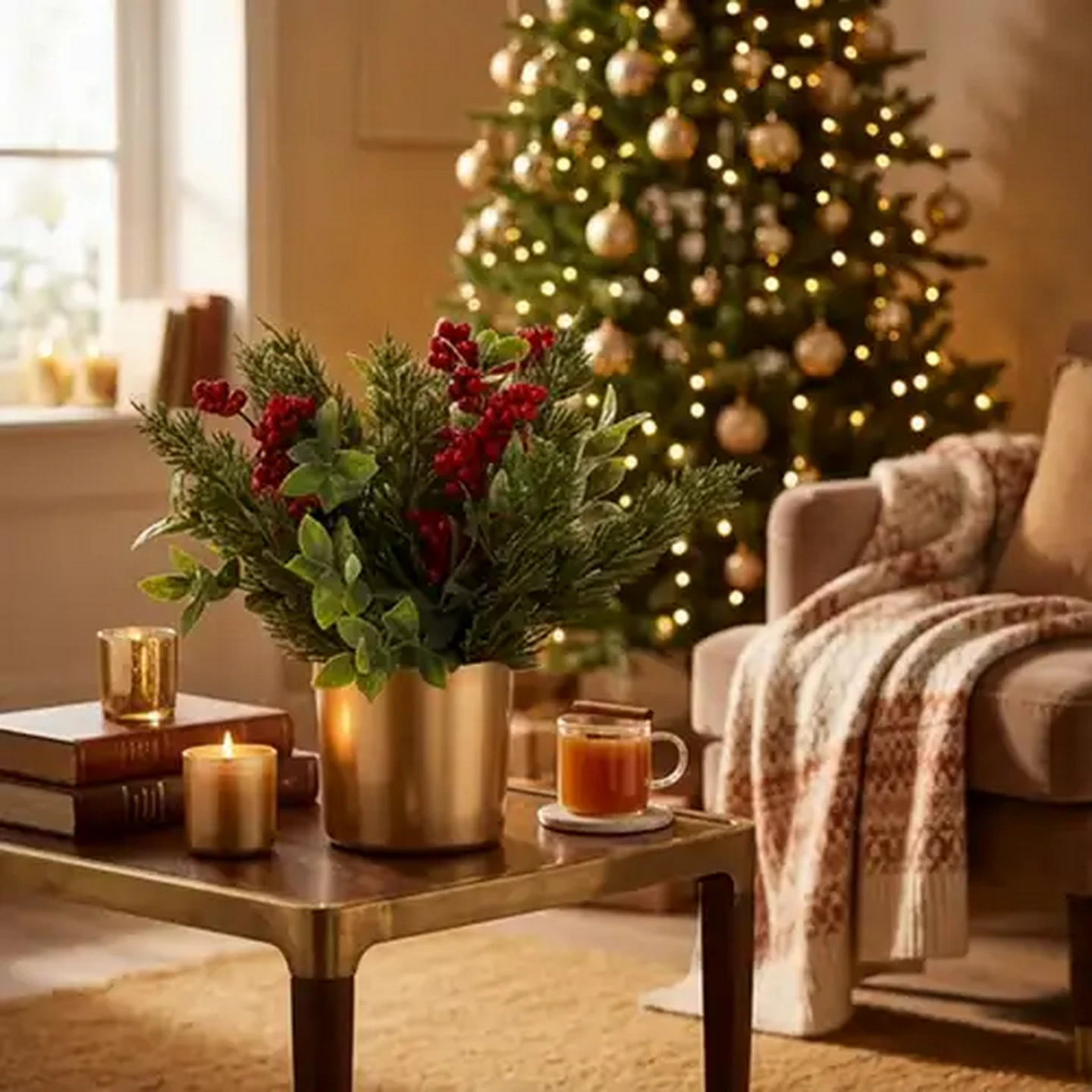 Image of Santa's Choice Gold Potted Tabletop Berry & Pine Festive Floral Arrangement