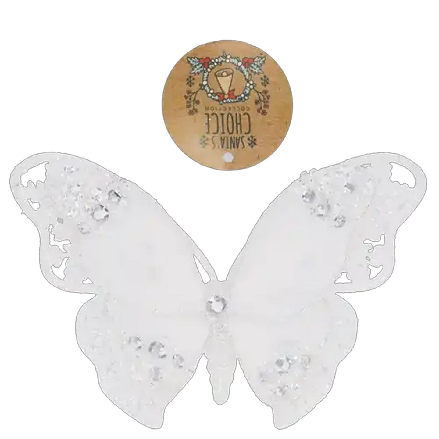 Image of Santa's Choice White Glitter & Rhinestone Butterfly Christmas Tree Decoration