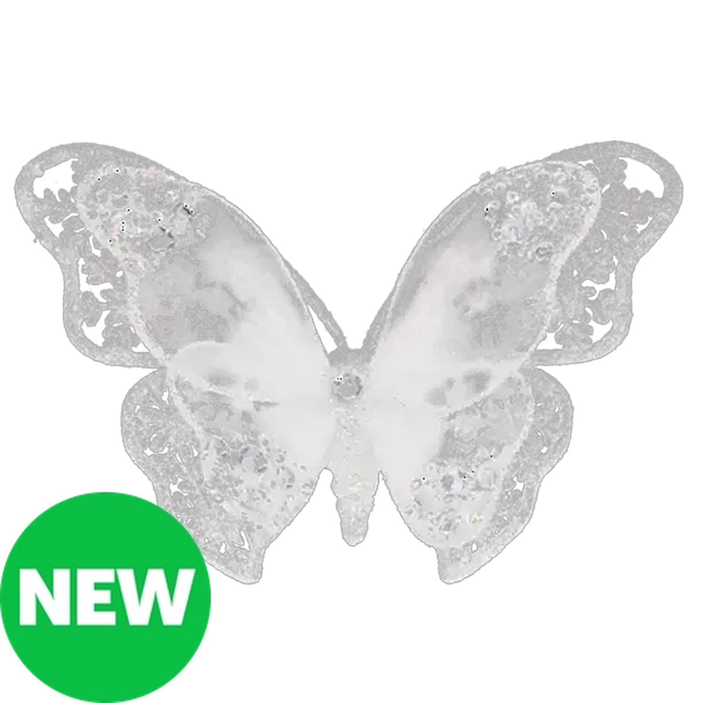 Image of Santa's Choice White Glitter & Rhinestone Butterfly Christmas Tree Decoration