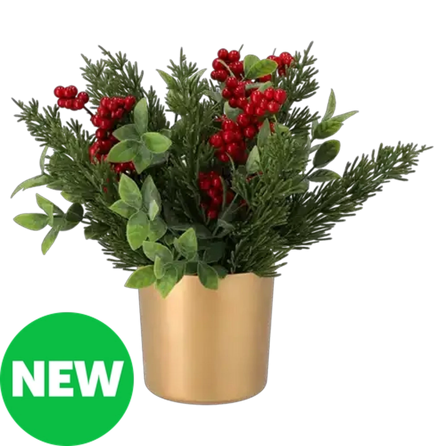 Image of Santa's Choice Gold Potted Tabletop Berry & Pine Festive Floral Arrangement