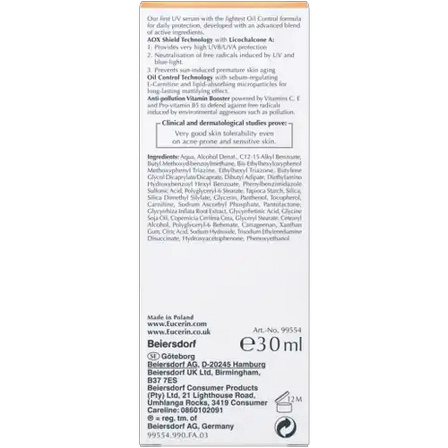 Image of Eucerin SPF 50+ Oil Control Ultra-Light UV Serum 30ml 