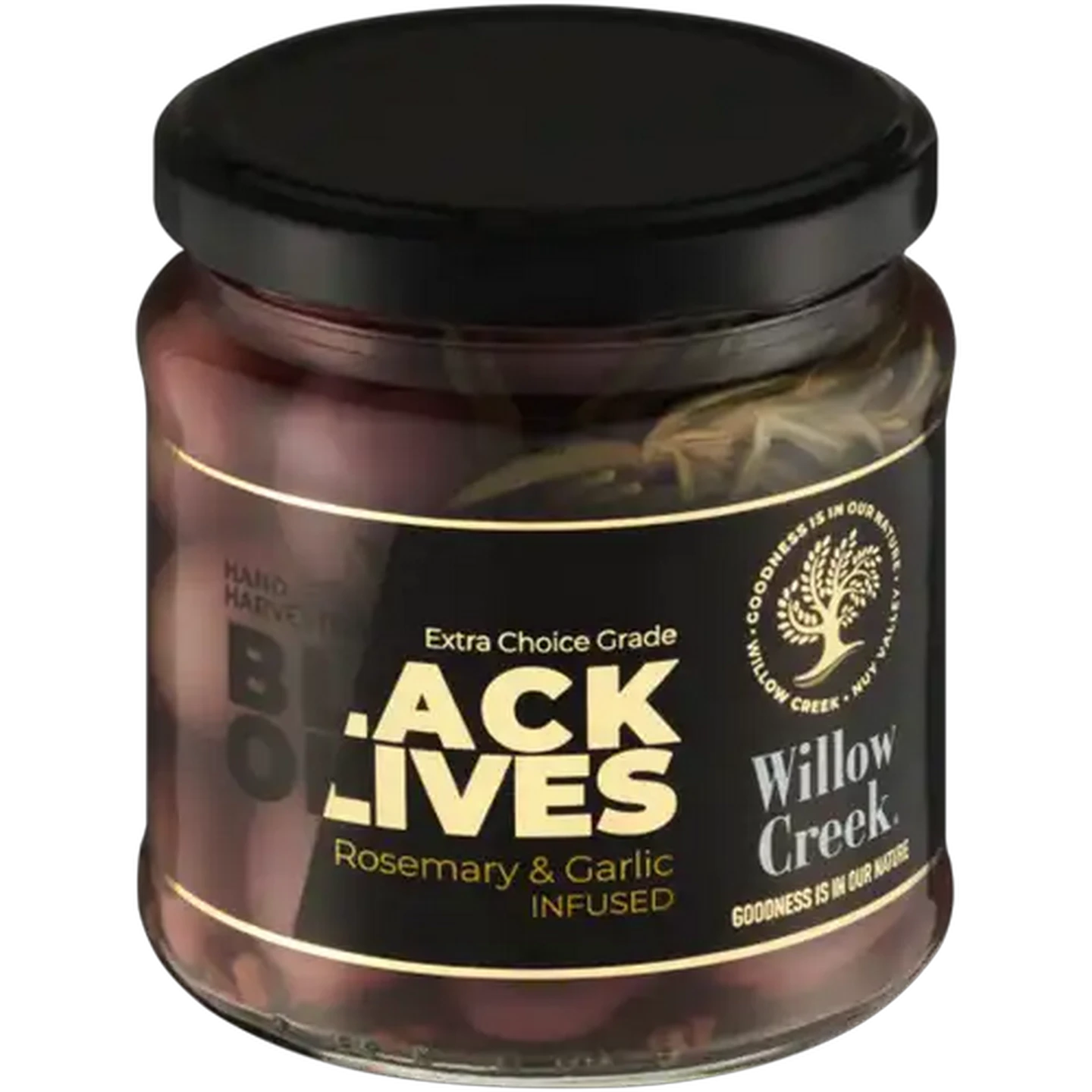 Image of Willow Creek Rosemary & Garlic Infused Black Olives 285g 