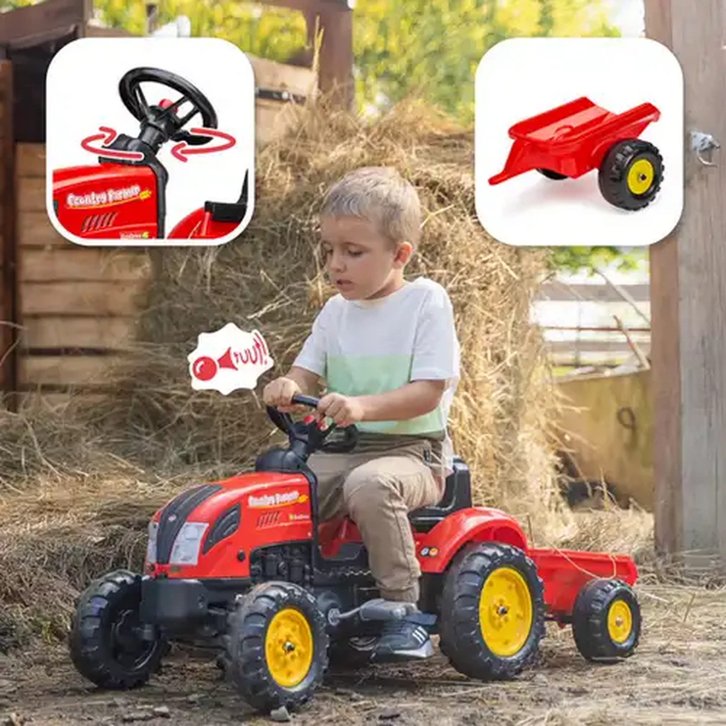 Image of Falk Red Country Farmer Pedal Tractor With Trailer