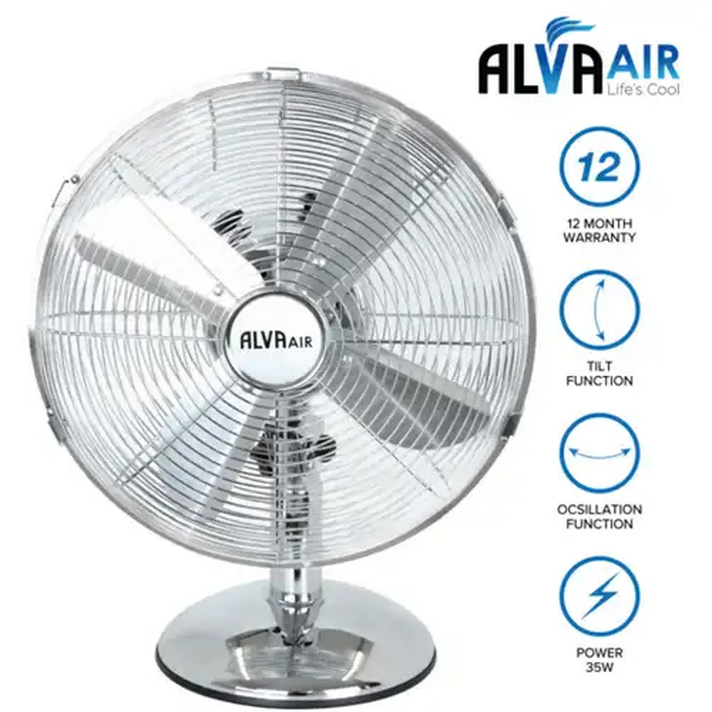 Image of Alva Air Chrome Metal Desk Fan 35W (30cm)
