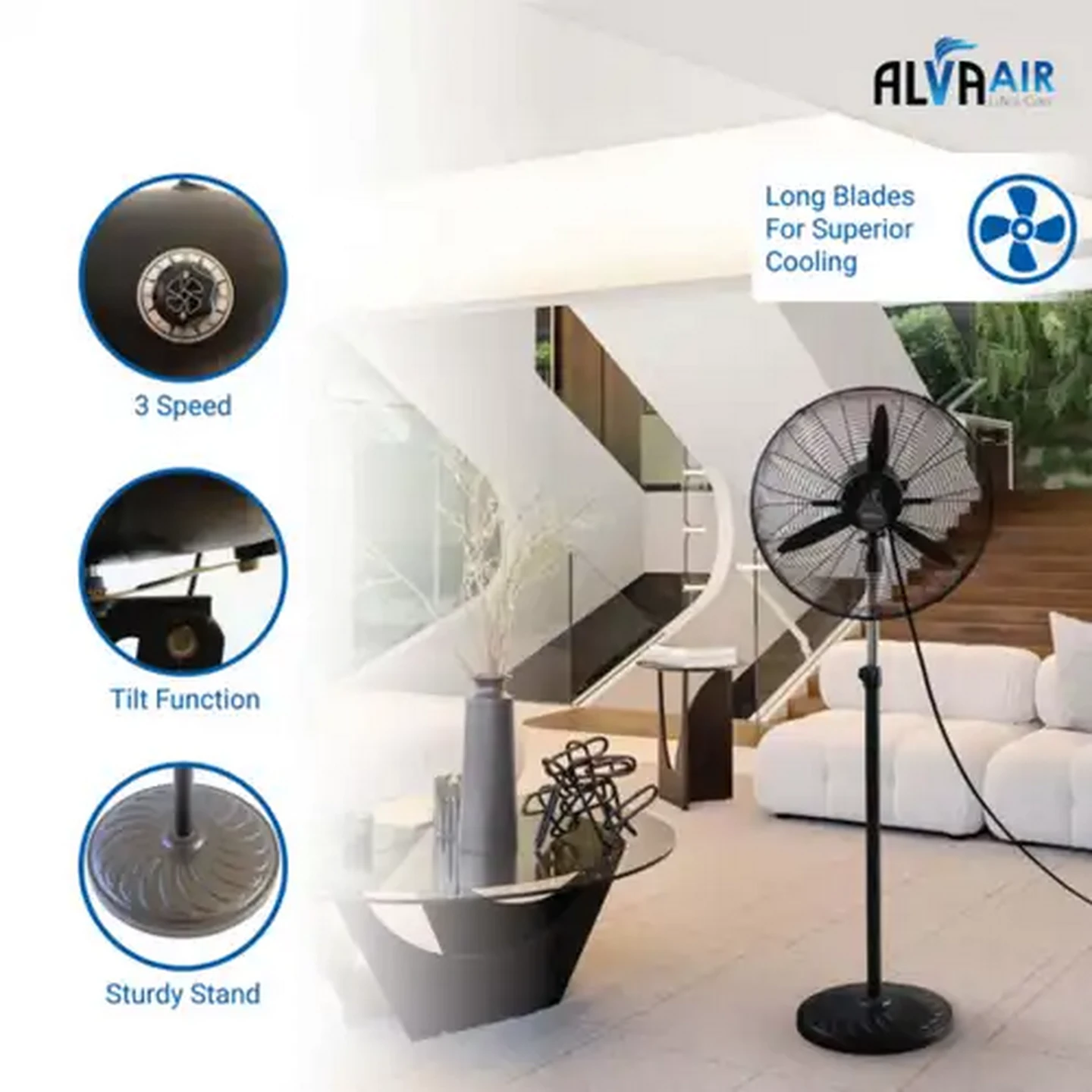 Image of Alva Air Matte Black Industrial Pedestal Fan 90W (50cm)