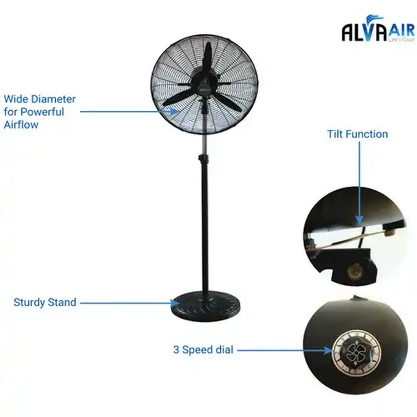 Image of Alva Air Matte Black Industrial Pedestal Fan 90W (50cm)