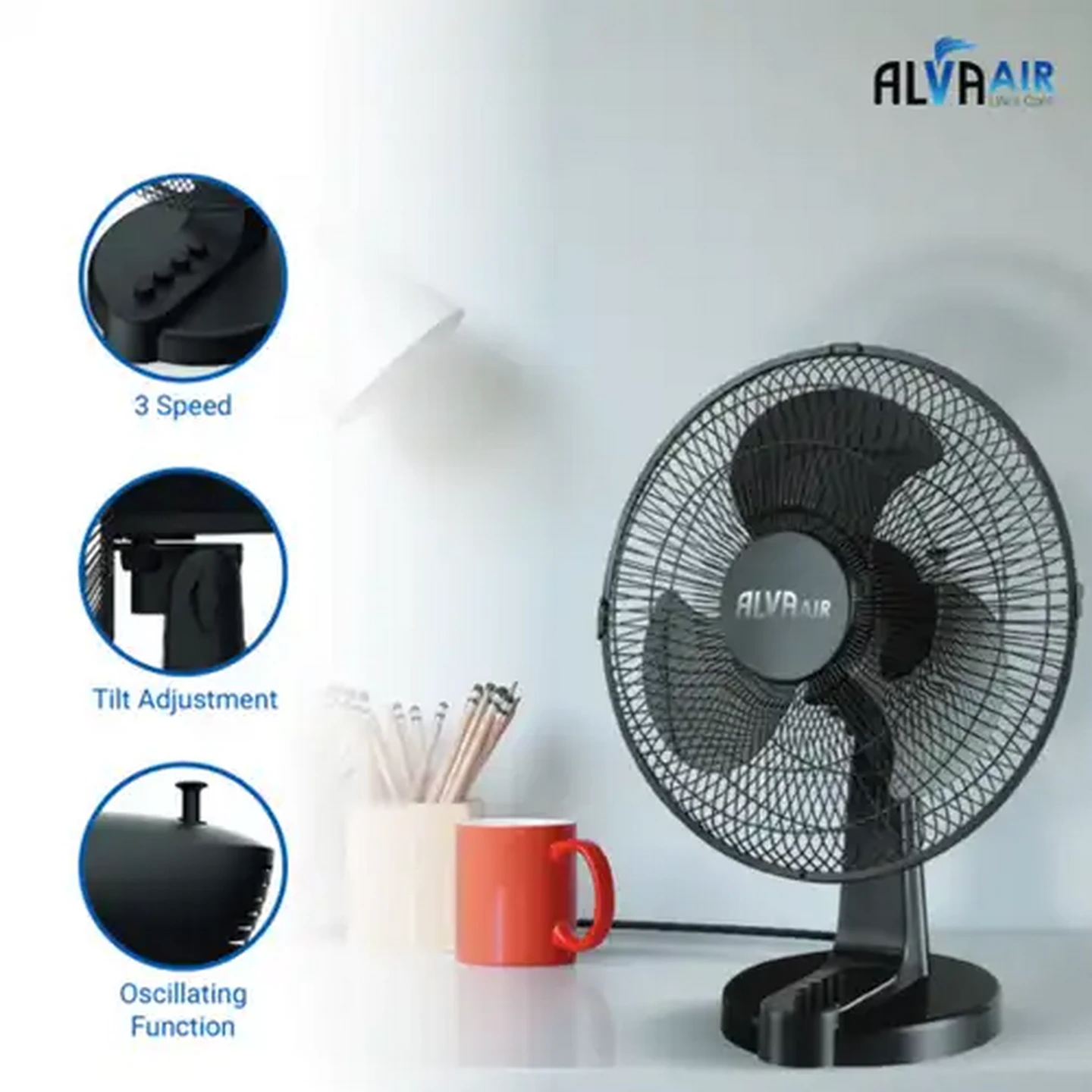 Image of Alva Air Black Plastic Desk Fan 45W (40cm)