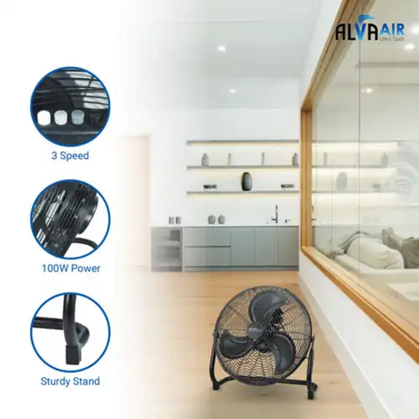 Image of Alva Air Black High-Velocity Floor Fan 100W (40cm)