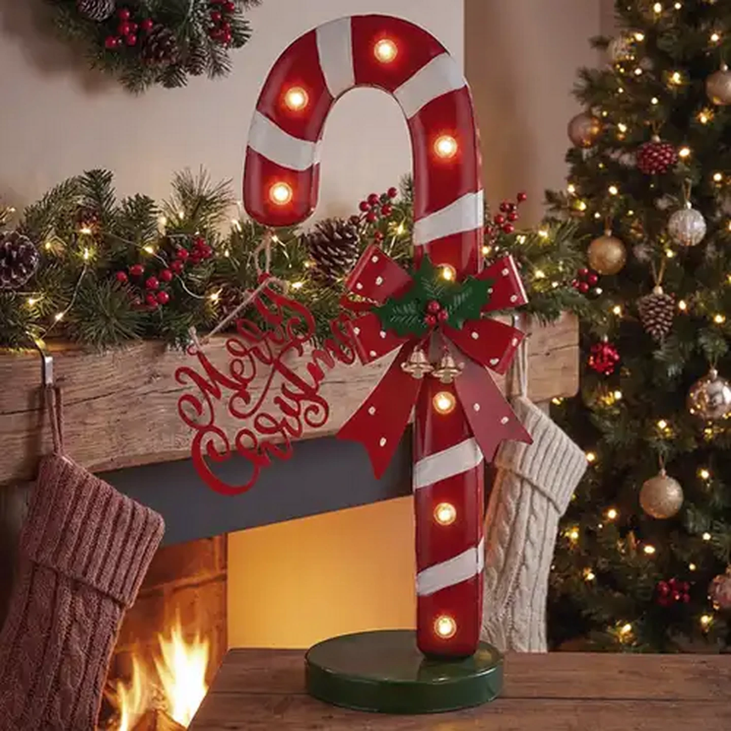 Image of Metal Candy Cane Battery-Operated Christmas Decoration with Lights 48cm