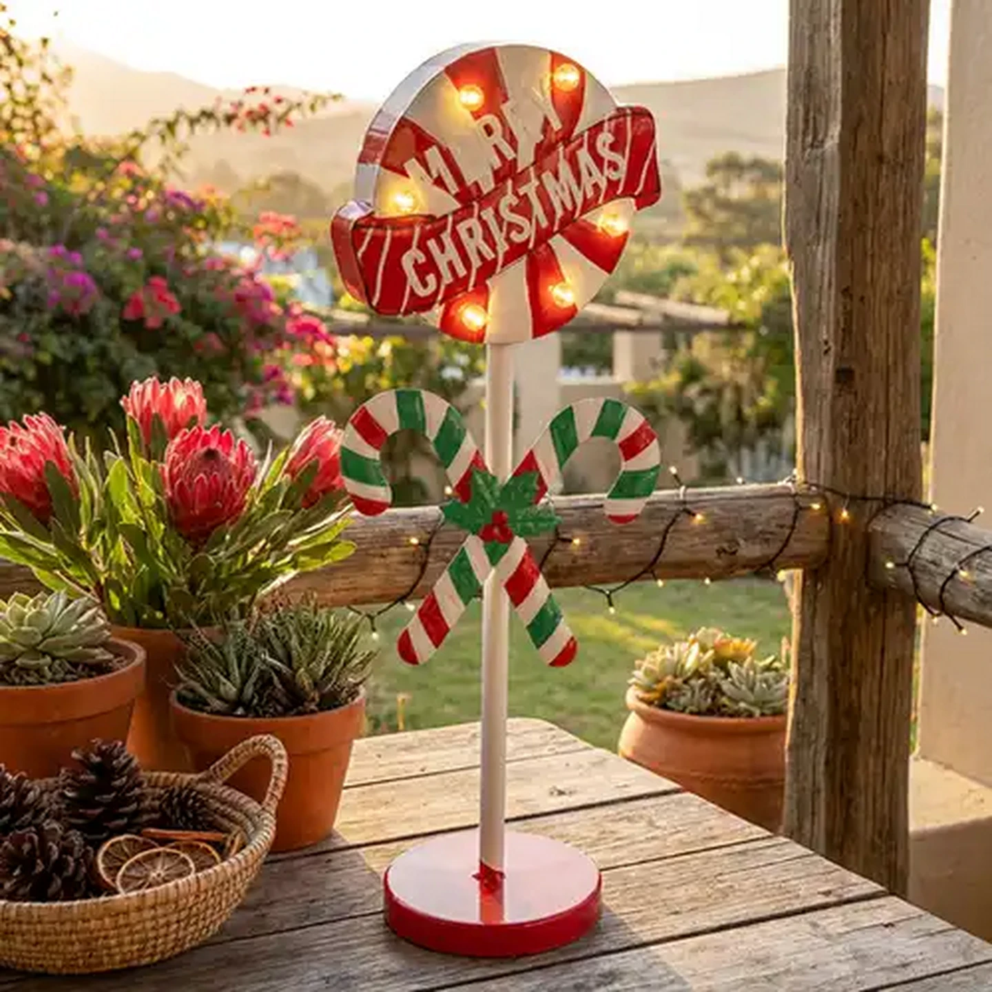Image of Freestanding Battery-Operated Metal Marque Christmas Lollipop Sign with Lights 55.5cm