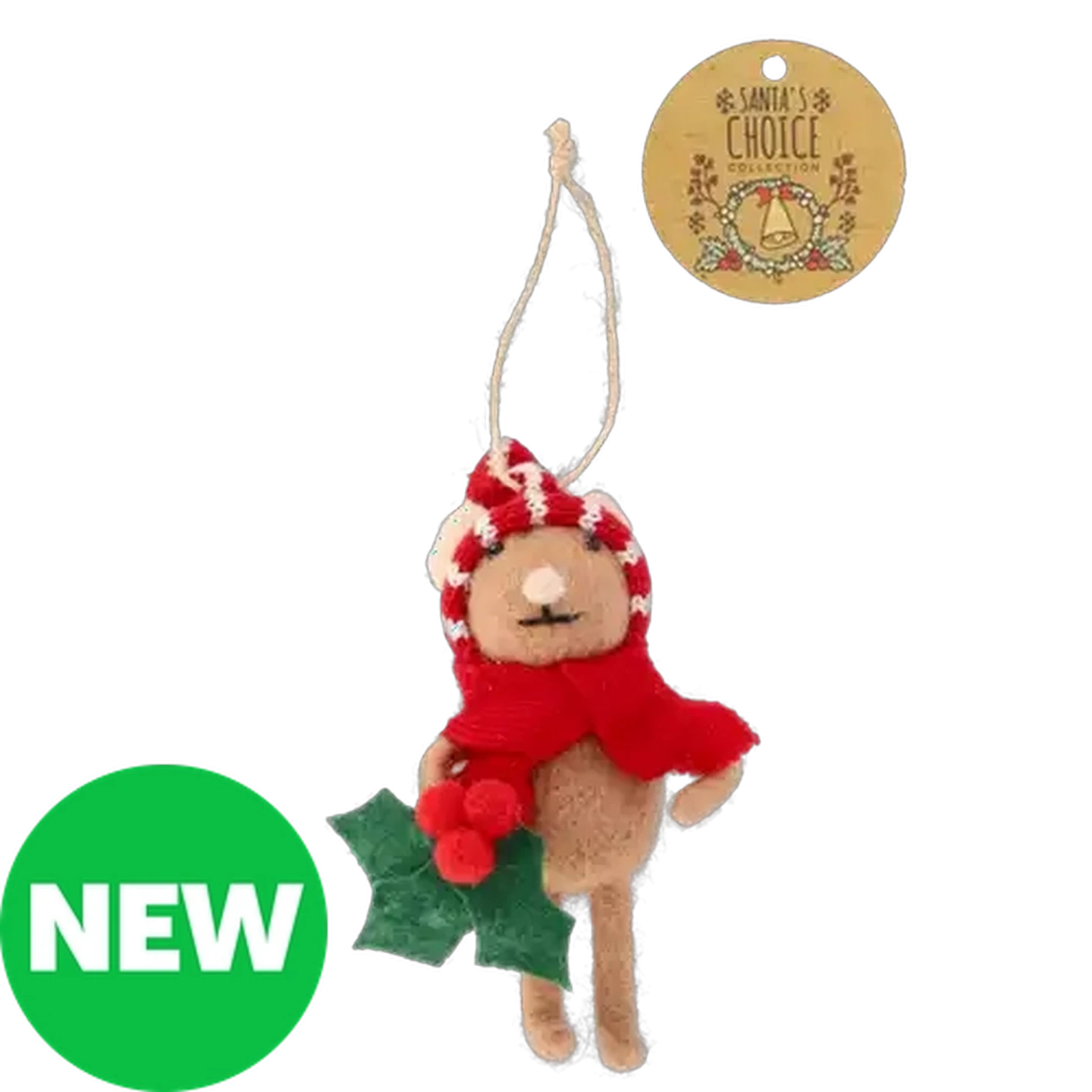 Image of Santa's Choice Felt Mouse Holly Christmas Tree Decoration