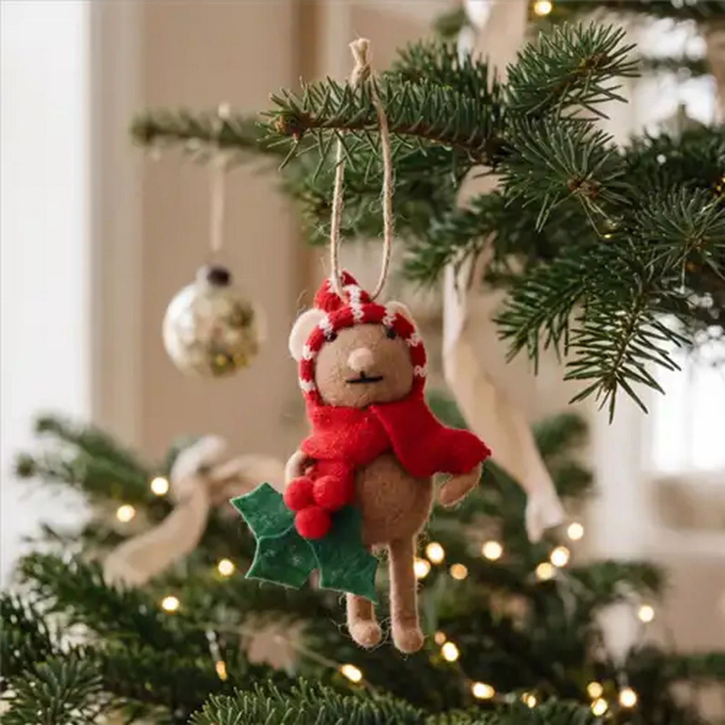Image of Santa's Choice Felt Mouse Holly Christmas Tree Decoration