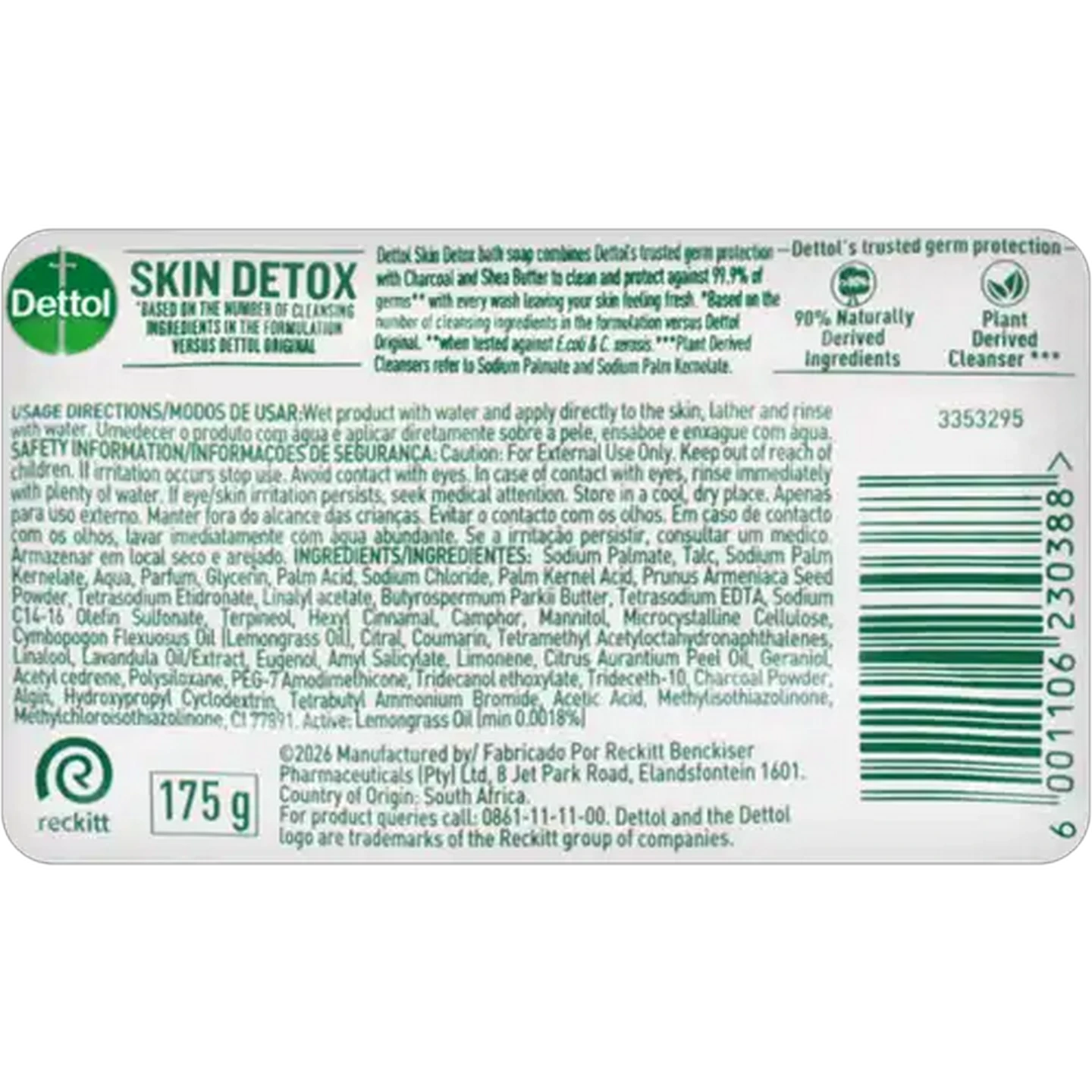 Image of Dettol Skin Detox Hygiene Bath Soap Bar 175g 
