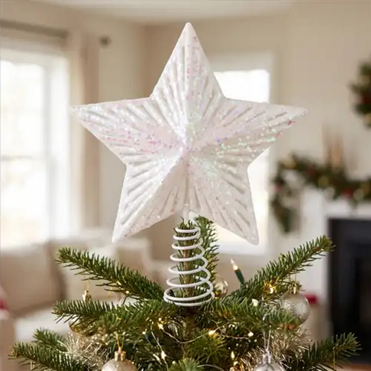 Image of Santa's Choice White Sequin Star Christmas Tree Topper 25cm