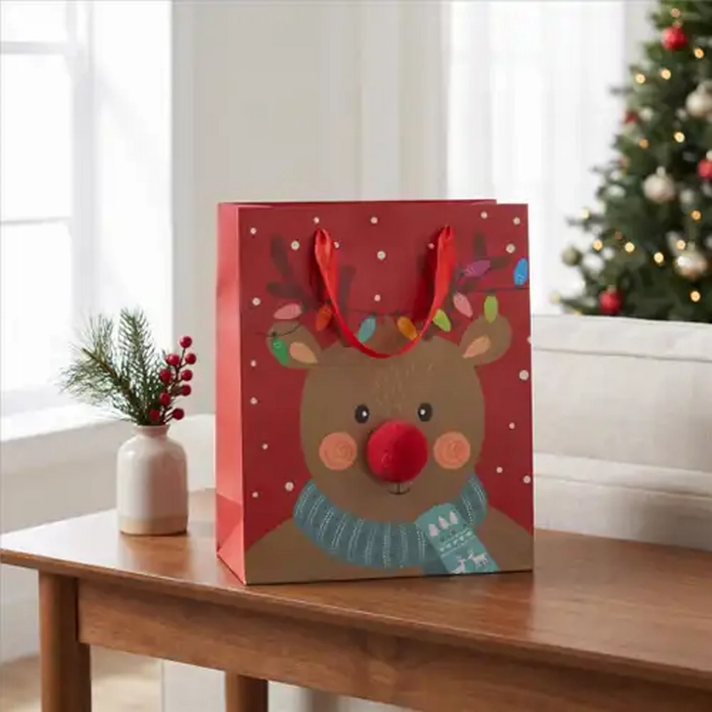 Image of Small Christmas Reindeer Gift Bag with 3D Pom Pom Nose