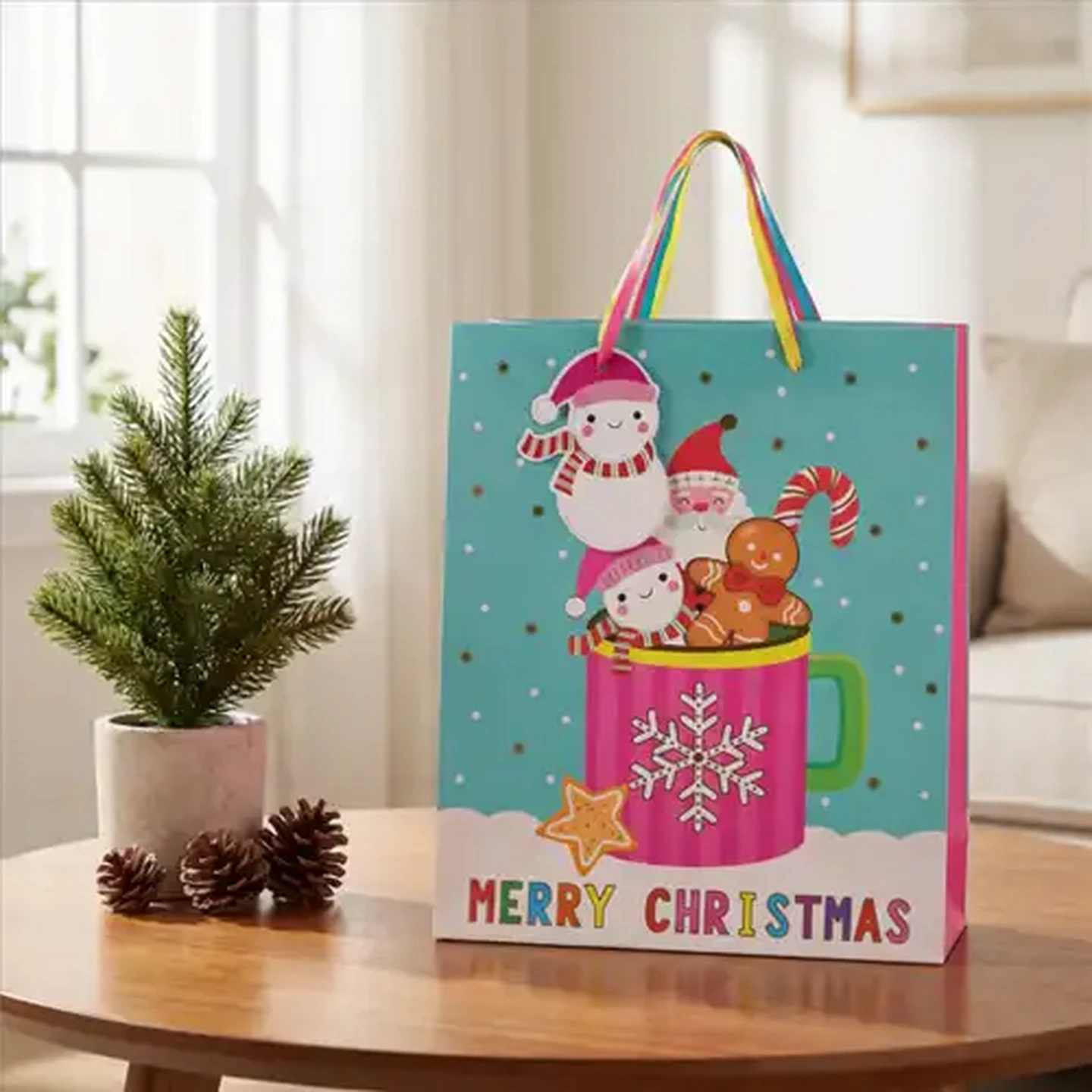 Image of Medium Merry Christmas Bright Holiday Mug Characters Gift Bag