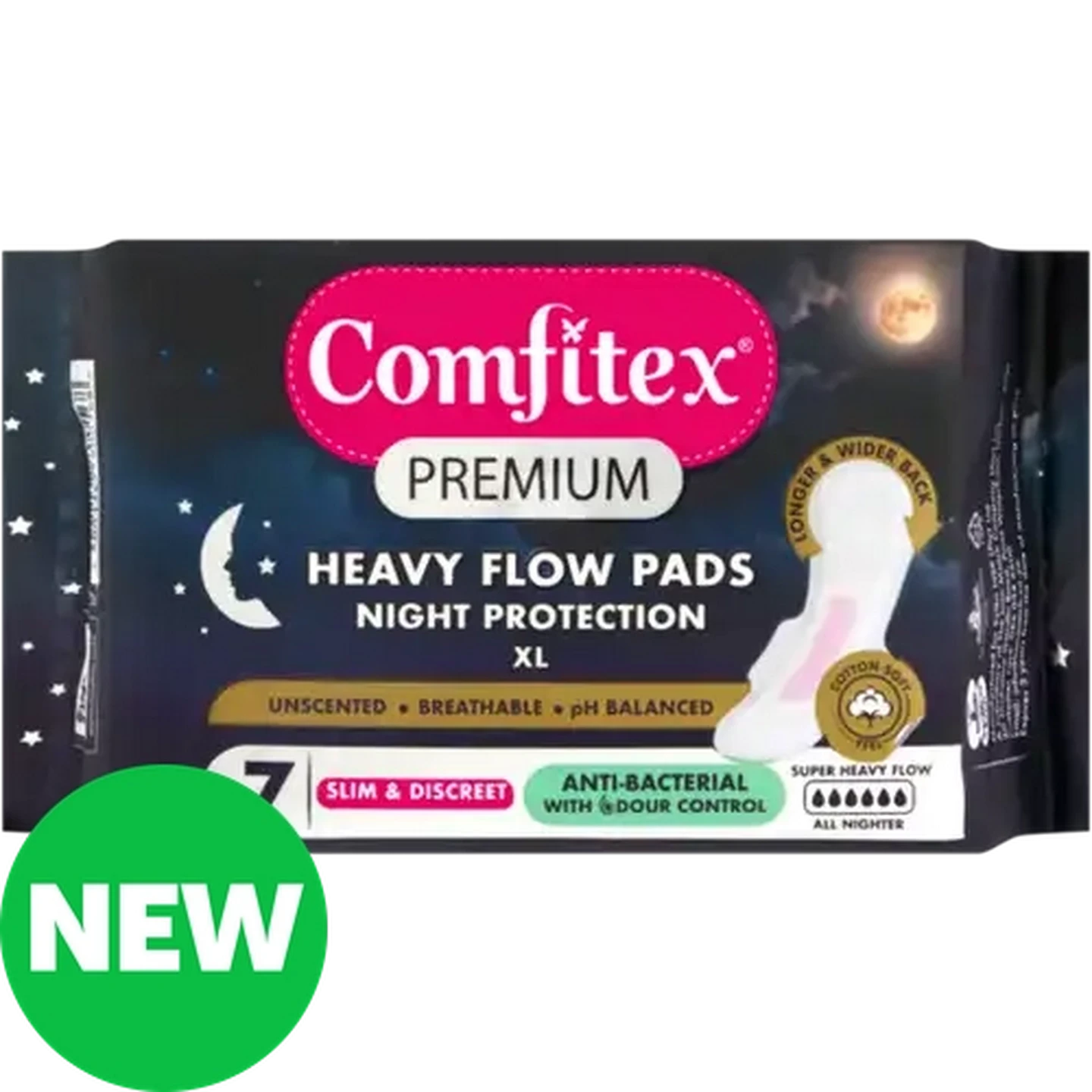 Image of Comfitex Premium Super Heavy Flow Unscented Slim & Discreet Night Protection Pads 7-Pack 