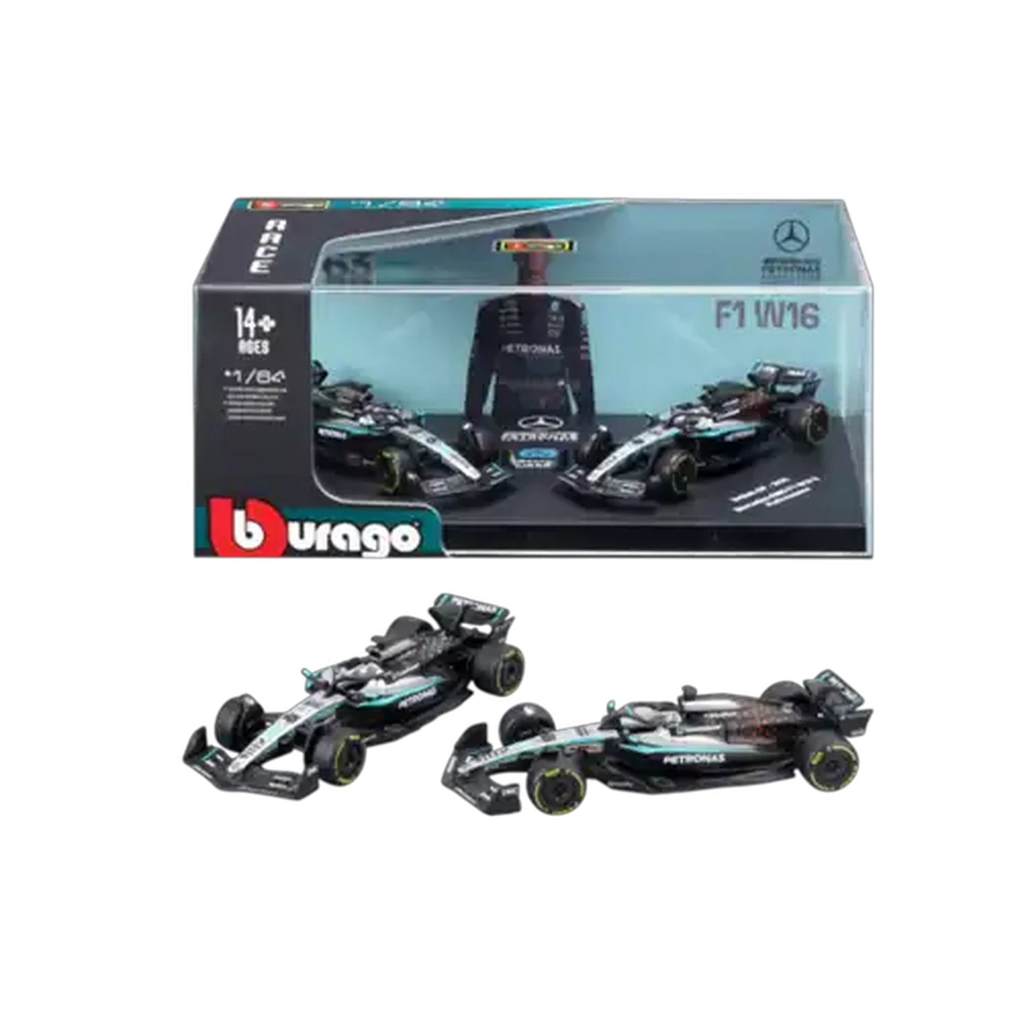 Image of Bburago F1 #16 Mercedes-AMG Hard Case 1:64 Scale 2-Pack (George Russell)