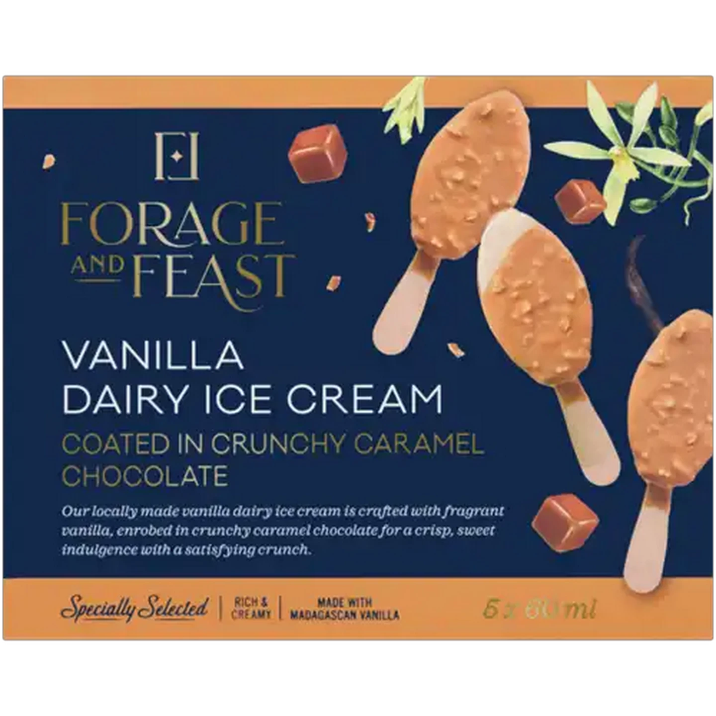 Image of Forage And Feast Vanilla Dairy Ice Cream Coated in Crunchy Caramel Chocolate 5 x 60ml 