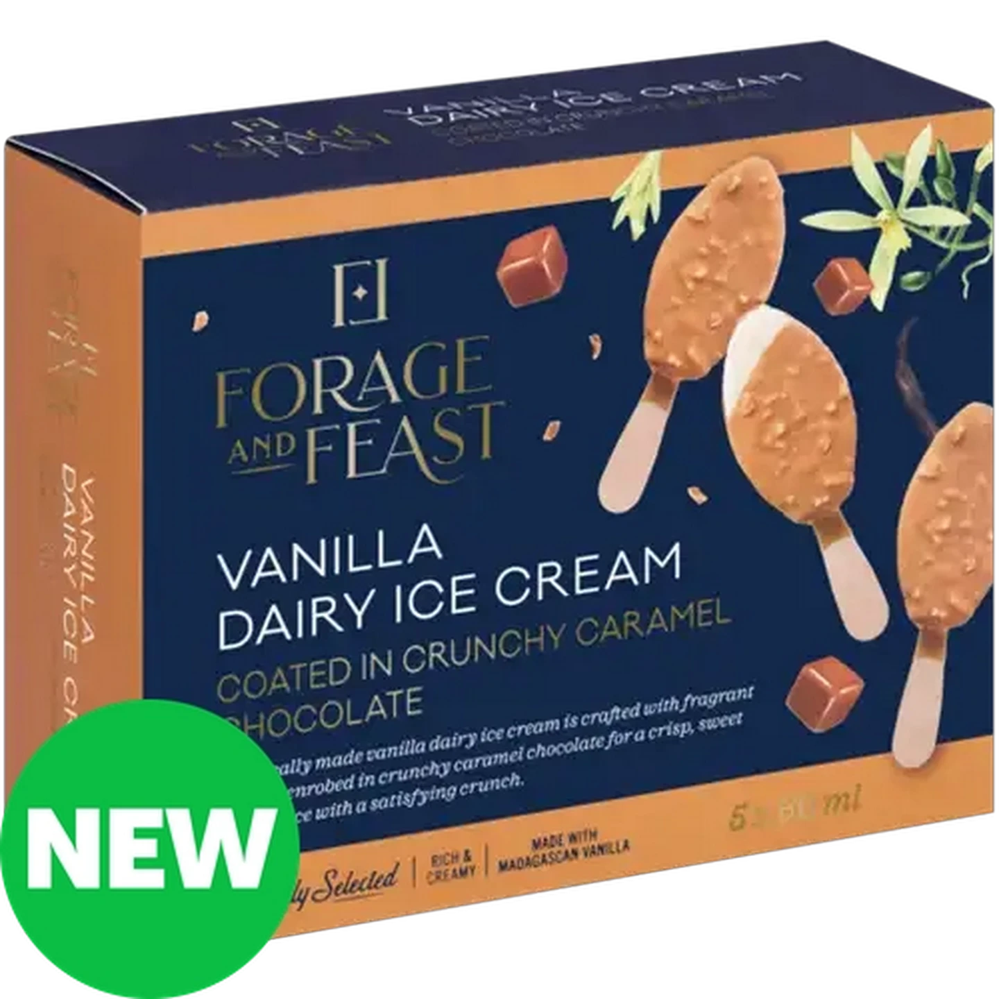 Image of Forage And Feast Vanilla Dairy Ice Cream Coated in Crunchy Caramel Chocolate 5 x 60ml 