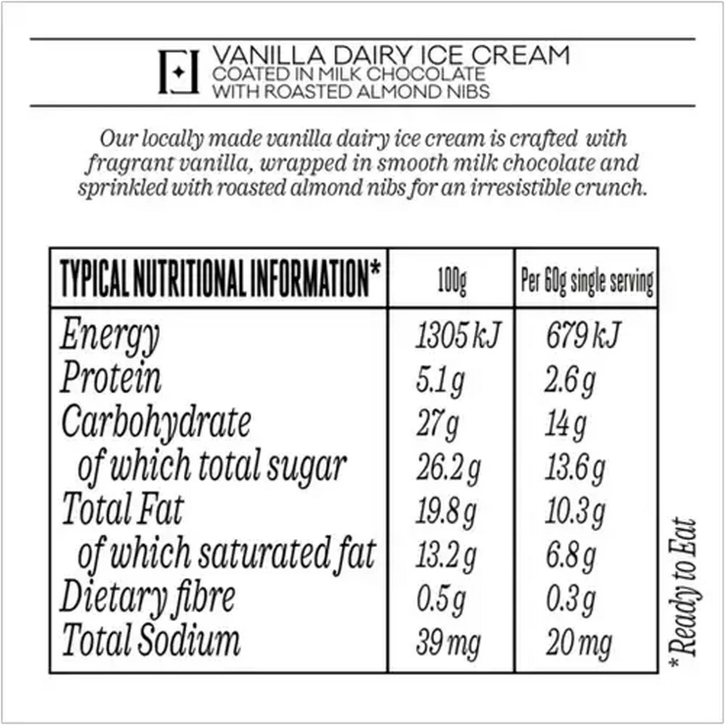 Image of Forage And Feast Vanilla Dairy Ice Cream Coated in Milk Chocolate with Roasted Almond Nibs 5 x 60ml 