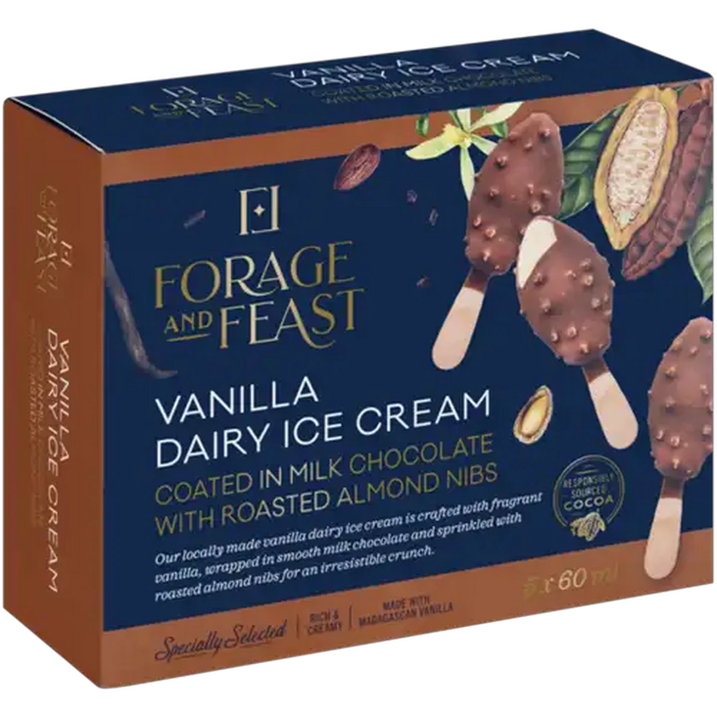 Image of Forage And Feast Vanilla Dairy Ice Cream Coated in Milk Chocolate with Roasted Almond Nibs 5 x 60ml 