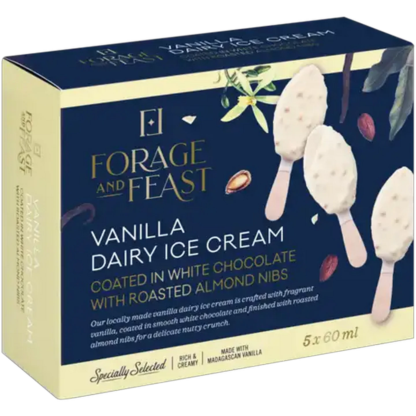 Image of Forage And Feast Vanilla Dairy Ice Cream Coated in White Chocolate with Roasted Almond Nibs 5 x 60ml 