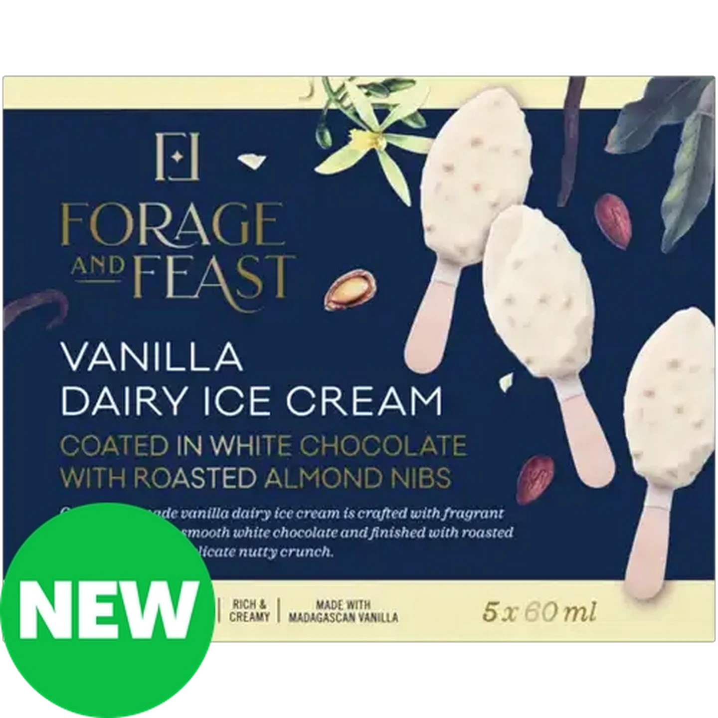 Image of Forage And Feast Vanilla Dairy Ice Cream Coated in White Chocolate with Roasted Almond Nibs 5 x 60ml 
