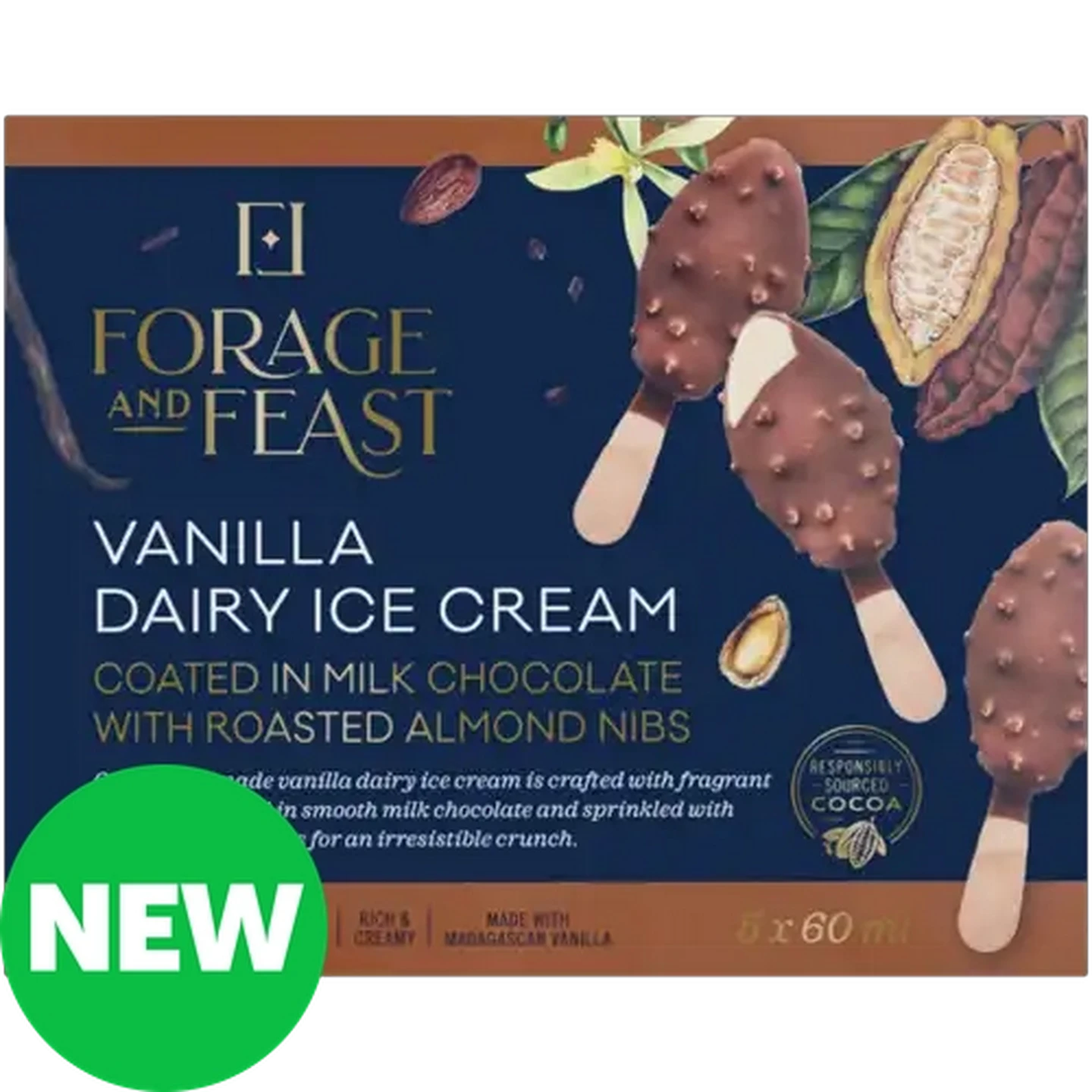 Image of Forage And Feast Vanilla Dairy Ice Cream Coated in Milk Chocolate with Roasted Almond Nibs 5 x 60ml 