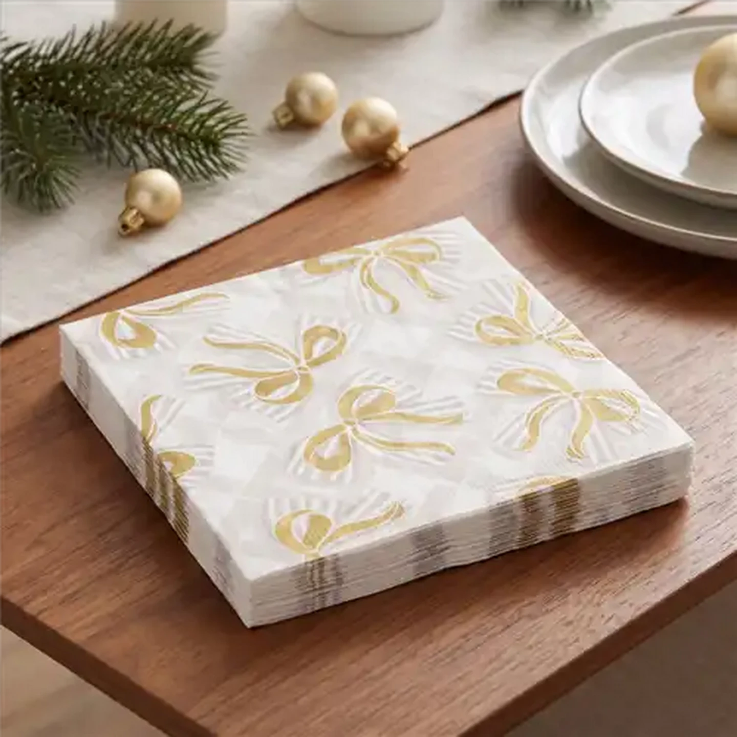 Image of Christmas Gold Bows Christmas Napkins 33 x 33cm 20-Pack
