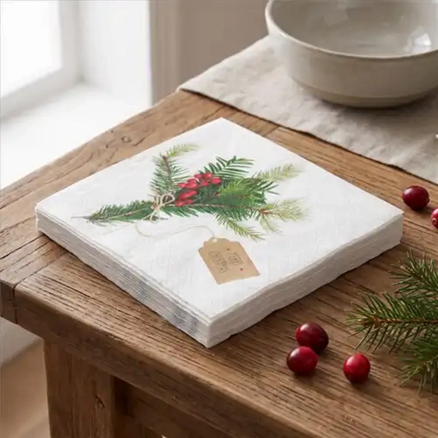 Image of Atelier Christmas Evergreen & Berries Napkins 3-Ply 33 x 33cm 20-Pack